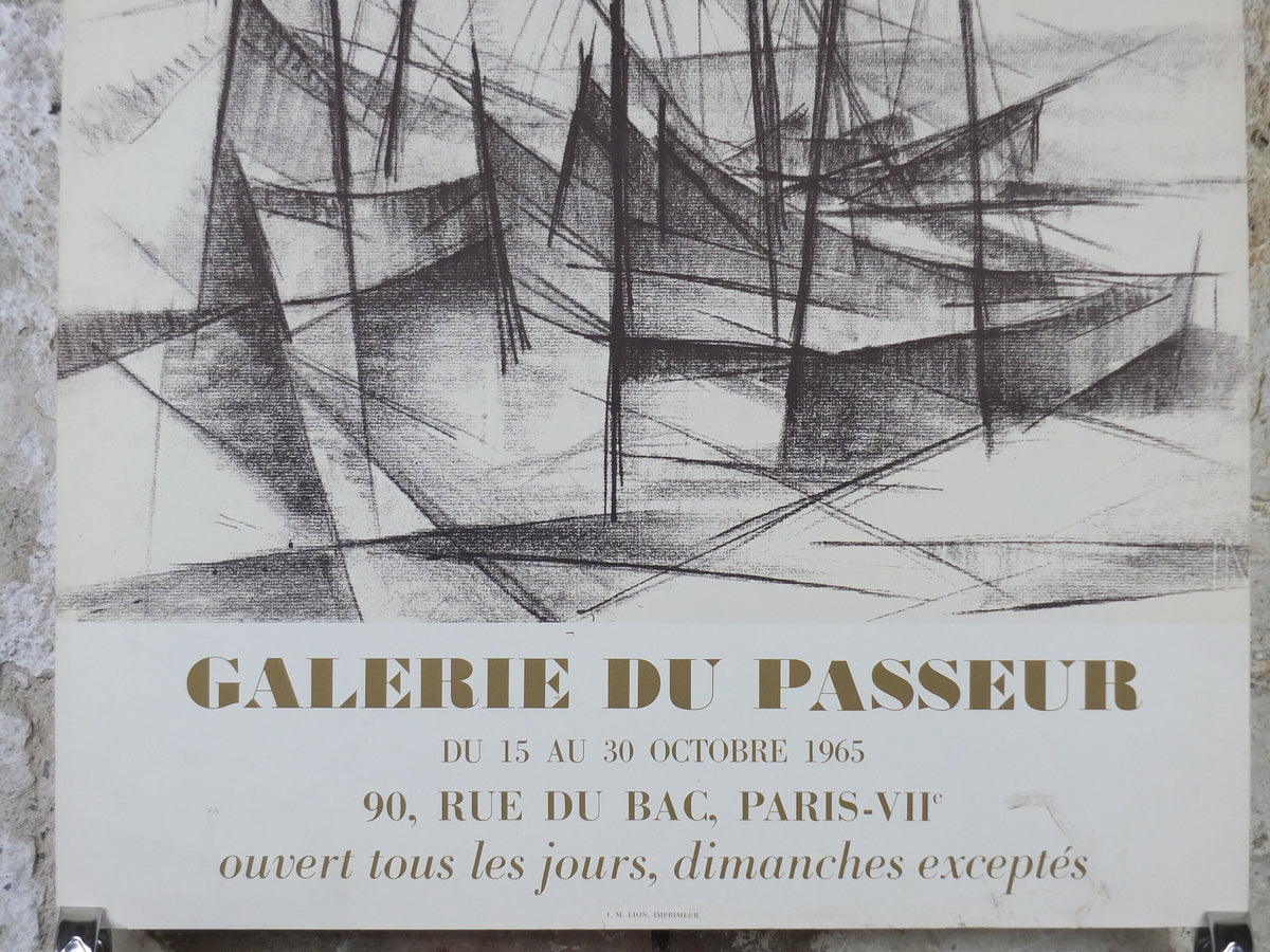 1965 Rene Montiex Poster, abstract painting of ships in a harbour, French Cubism artist, Galerie du Passeur Paris, wall art decor
