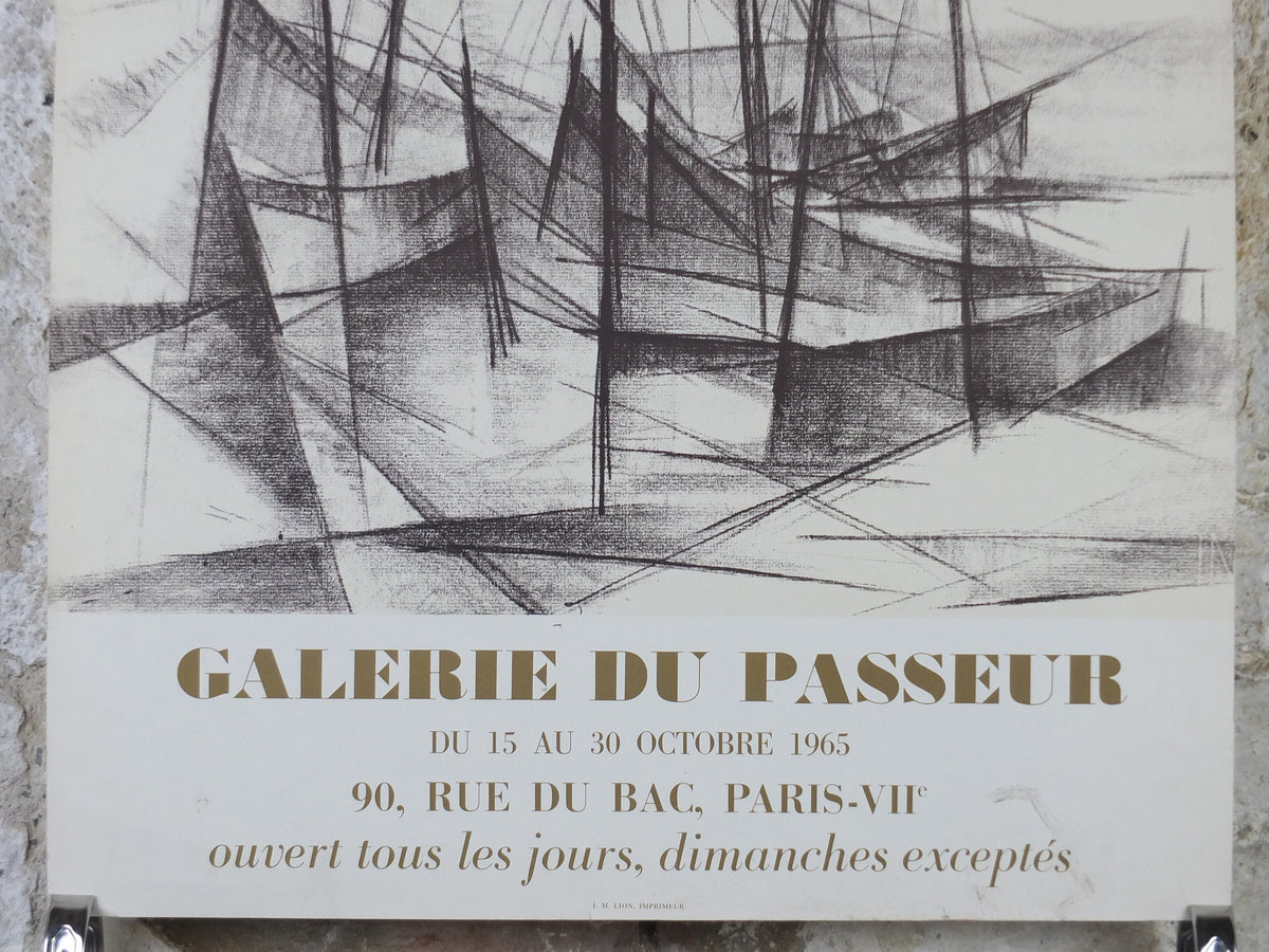 1965 Rene Montiex Poster, abstract painting of ships in a harbour, French Cubism artist, Galerie du Passeur Paris, wall art decor