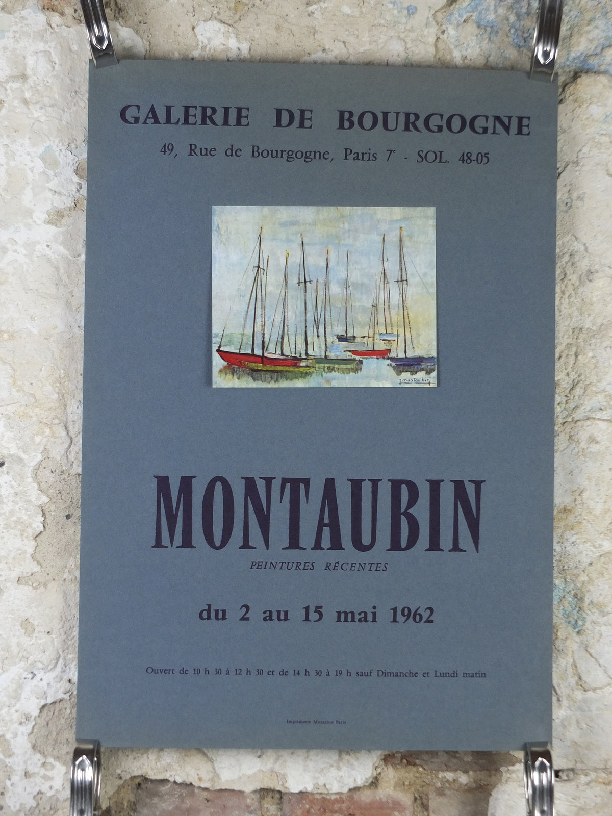 1962 Jean Montaubin Poster, painting of tall masted ships in a harbour, French artist, Galerie de Bourgogne Paris, wall art decor