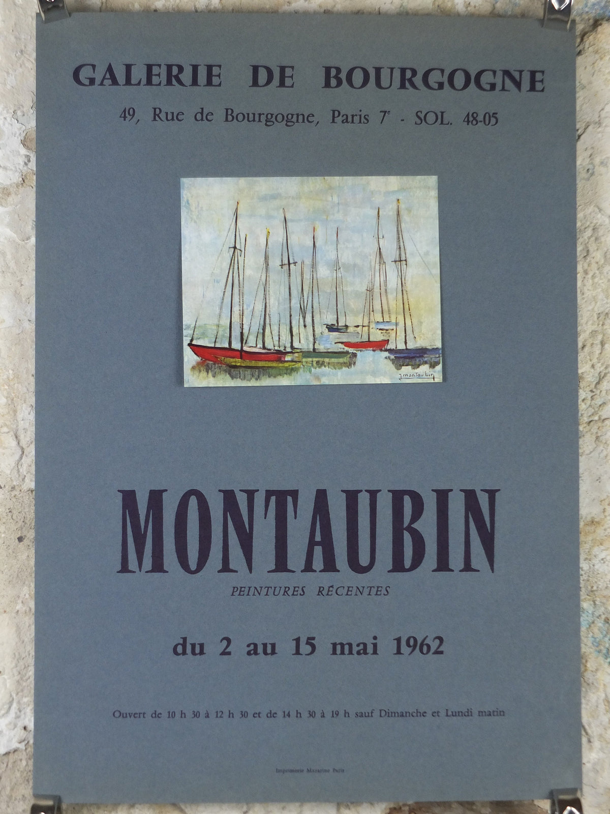 1962 Jean Montaubin Poster, painting of tall masted ships in a harbour, French artist, Galerie de Bourgogne Paris, wall art decor
