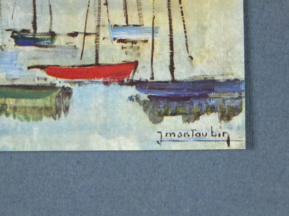 1962 Jean Montaubin Poster, painting of tall masted ships in a harbour, French artist, Galerie de Bourgogne Paris, wall art decor