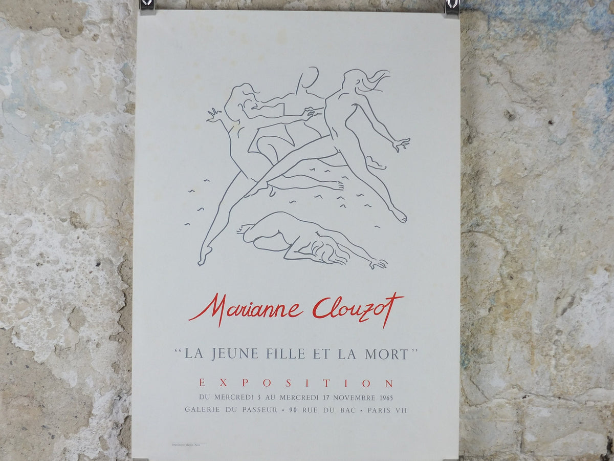 1965 Marianne Clouzot Poster, la jeune fille et la mort, the girl and death, surrealist avant-garde Dada, gallery exhibition wall art decor