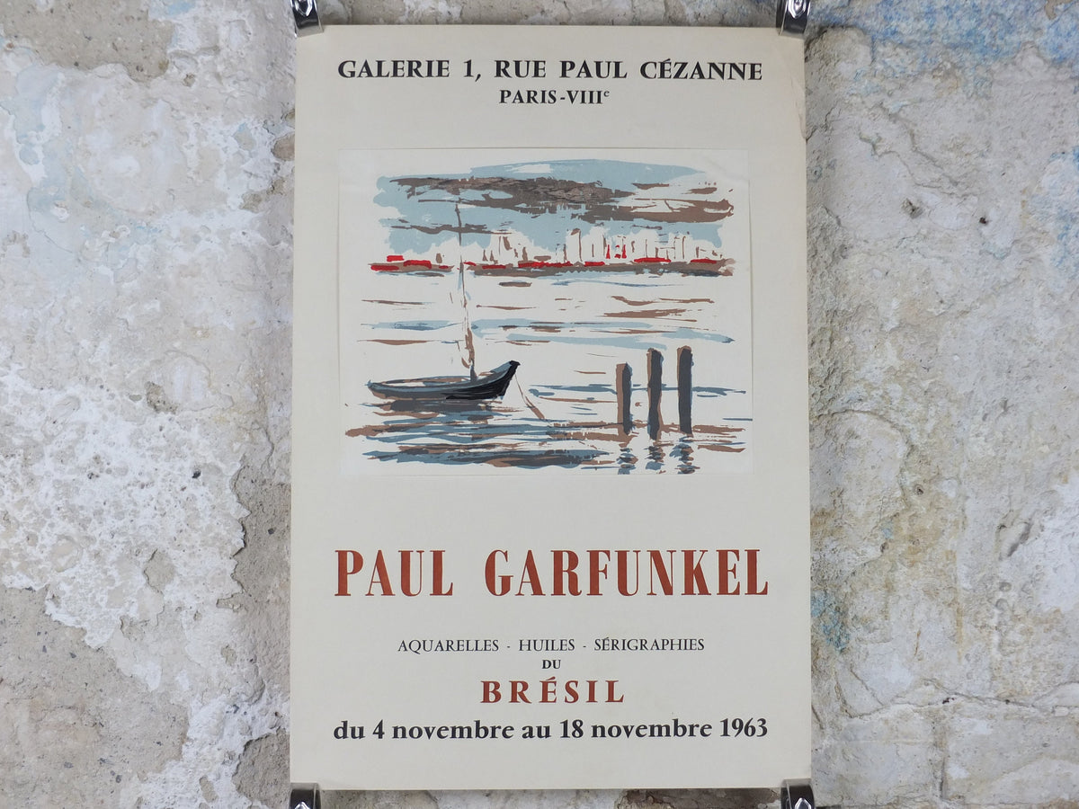 1963 Paul Garfunkel Poster, painting of a small fishing boat with ships in a harbour, French artist, Galerie 1 Paris, wall art decor