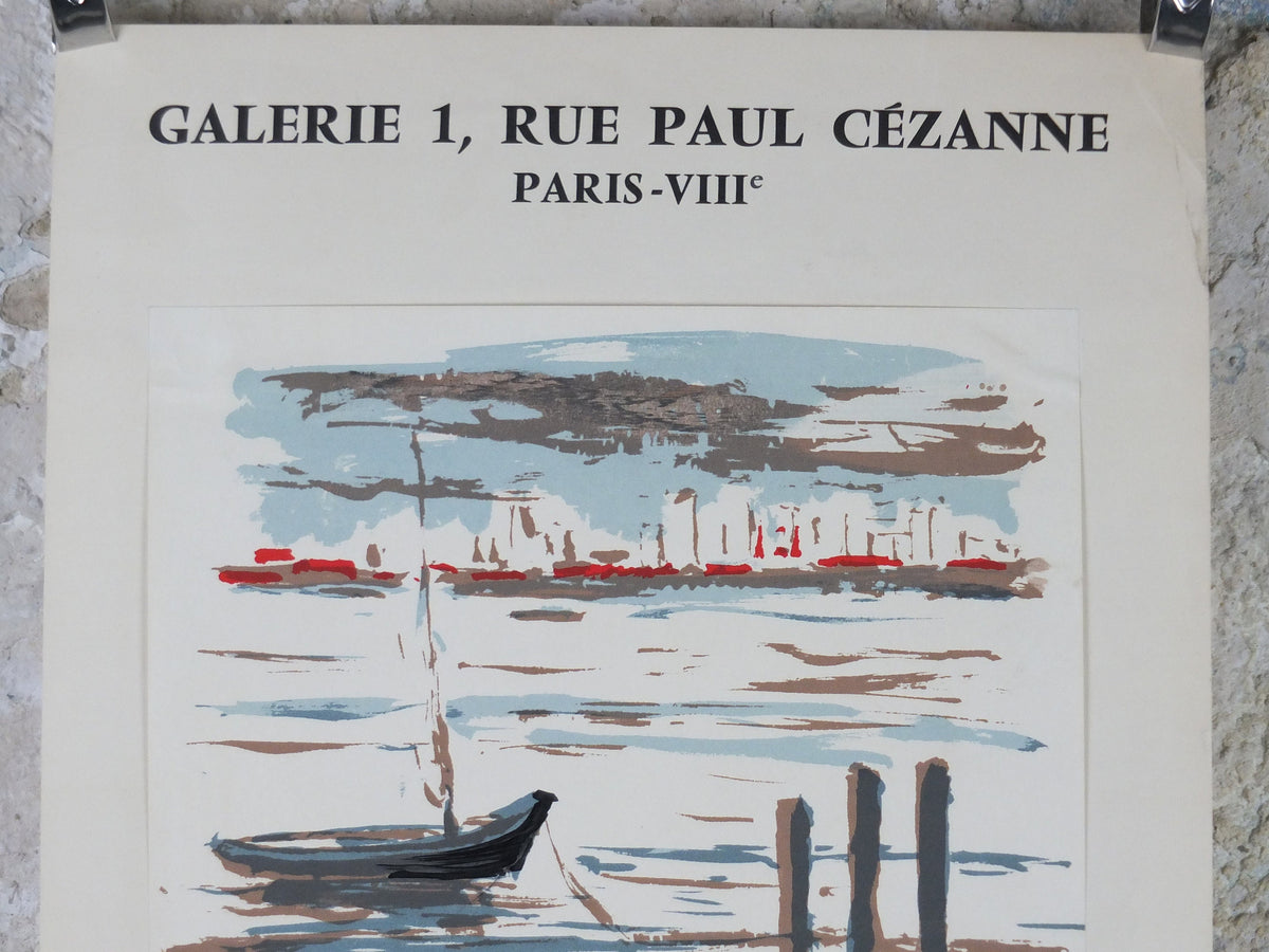 1963 Paul Garfunkel Poster, painting of a small fishing boat with ships in a harbour, French artist, Galerie 1 Paris, wall art decor