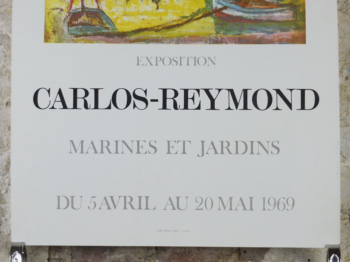 1969 Carlos Reymond Poster, bright painting of sail boats in harbour with yellow sunset, French, Galerie du Drap D'or Paris, wall art decor