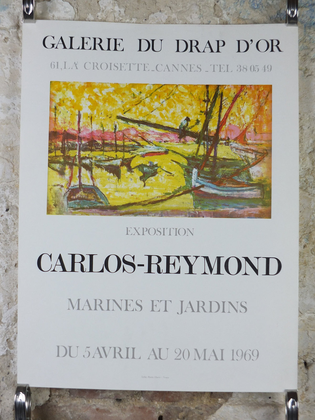 1969 Carlos Reymond Poster, bright painting of sail boats in harbour with yellow sunset, French , Galerie du Drap D'or Paris, wall art decor