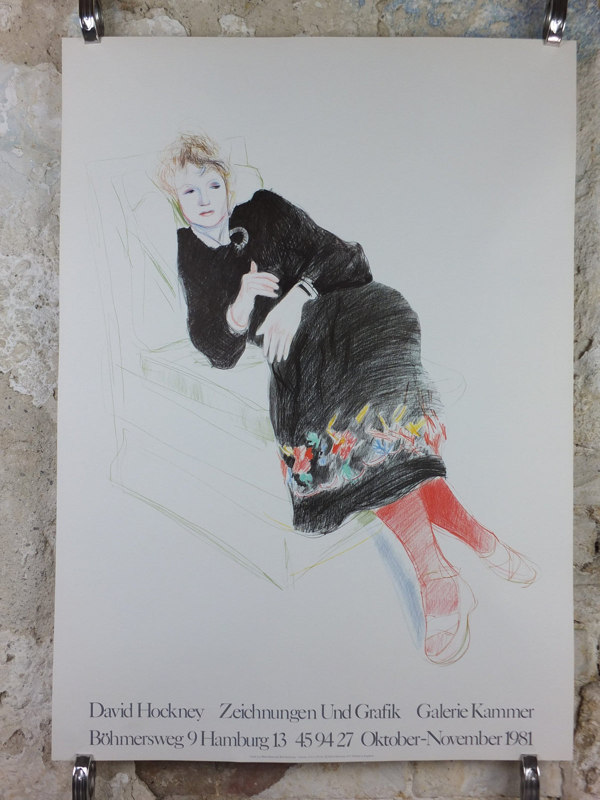 1981 David Hockney Poster, Celia in black dress and red stockings 1973, Pop Art, gallery exhibition wall art decor