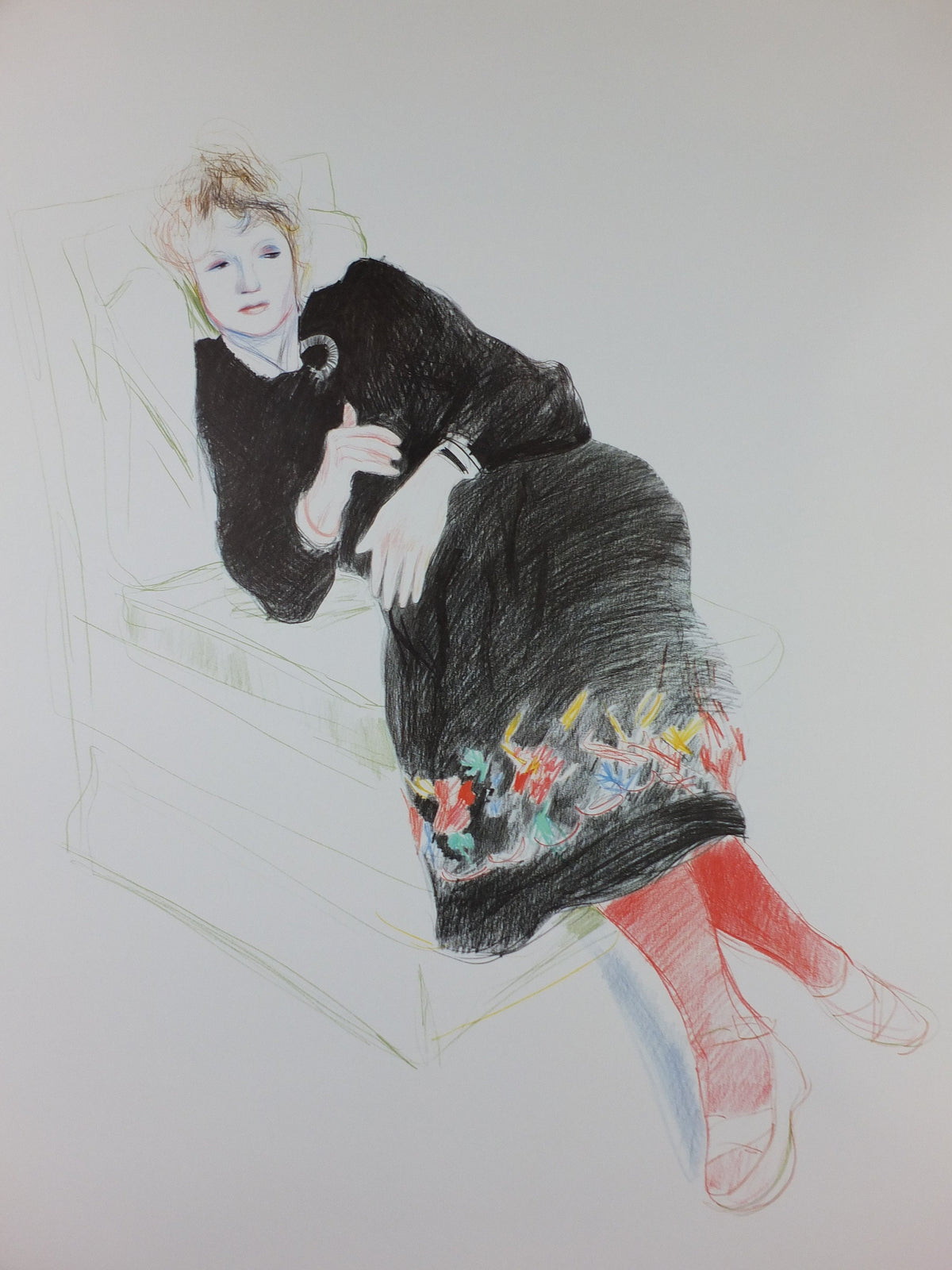 1981 David Hockney Poster, Celia in black dress and red stockings 1973, Pop Art, gallery exhibition wall art decor