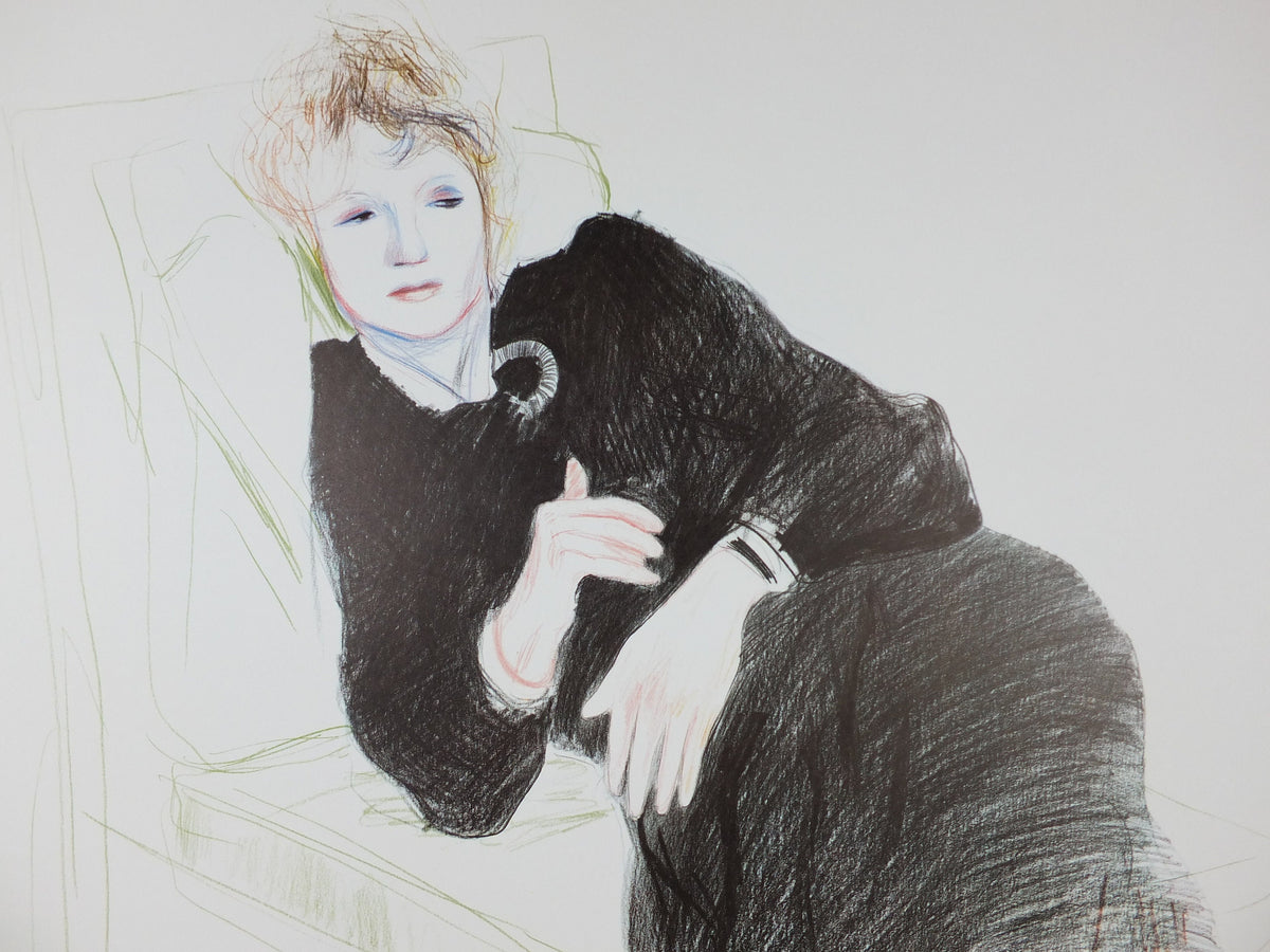 1981 David Hockney Poster, Celia in black dress and red stockings 1973, Pop Art, gallery exhibition wall art decor