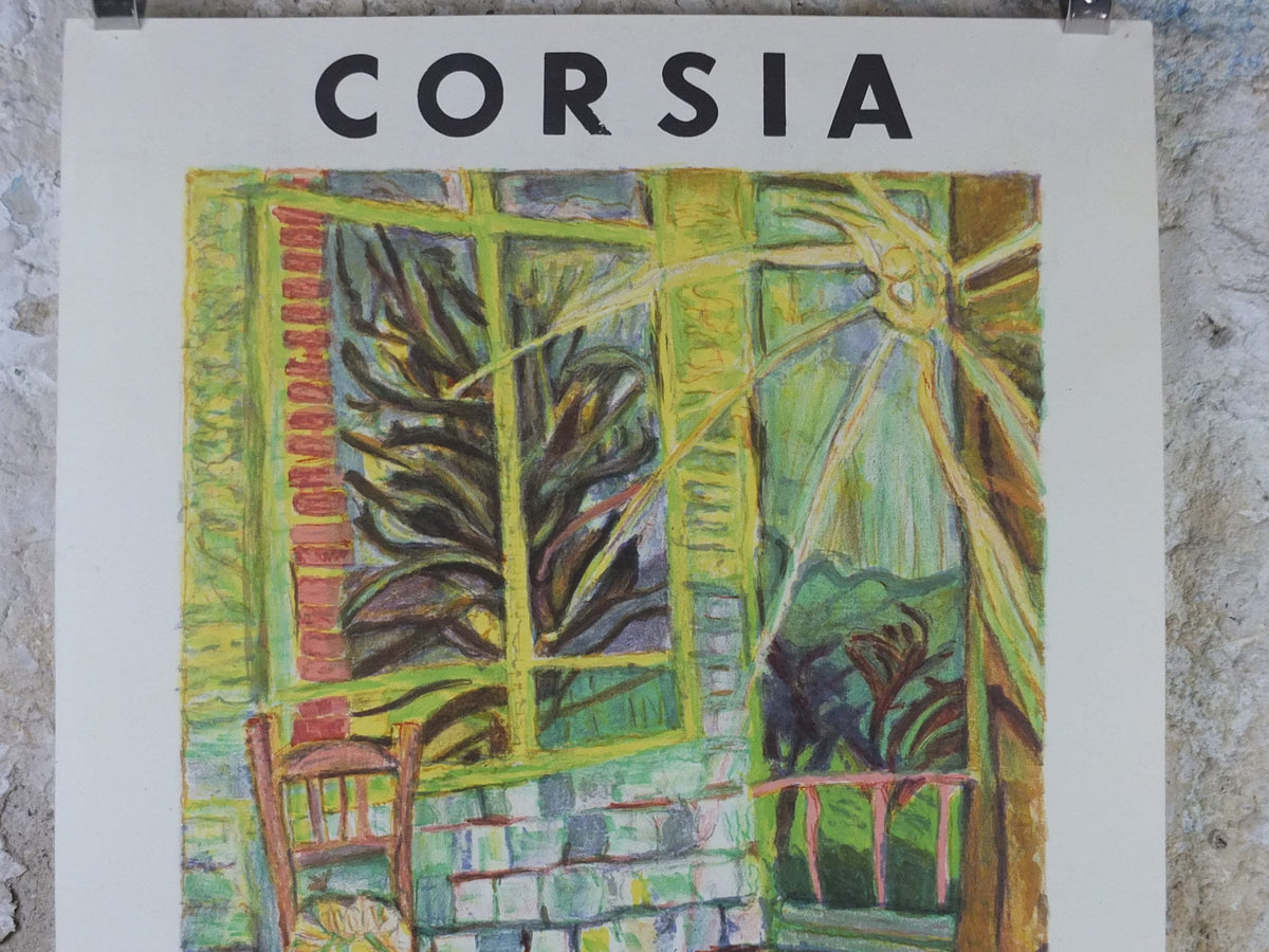 1963 Gilbert Corsia Poster, Sunny French country scene from the inside looking out, naive Impressionism, gallery exhibition, wall art decor