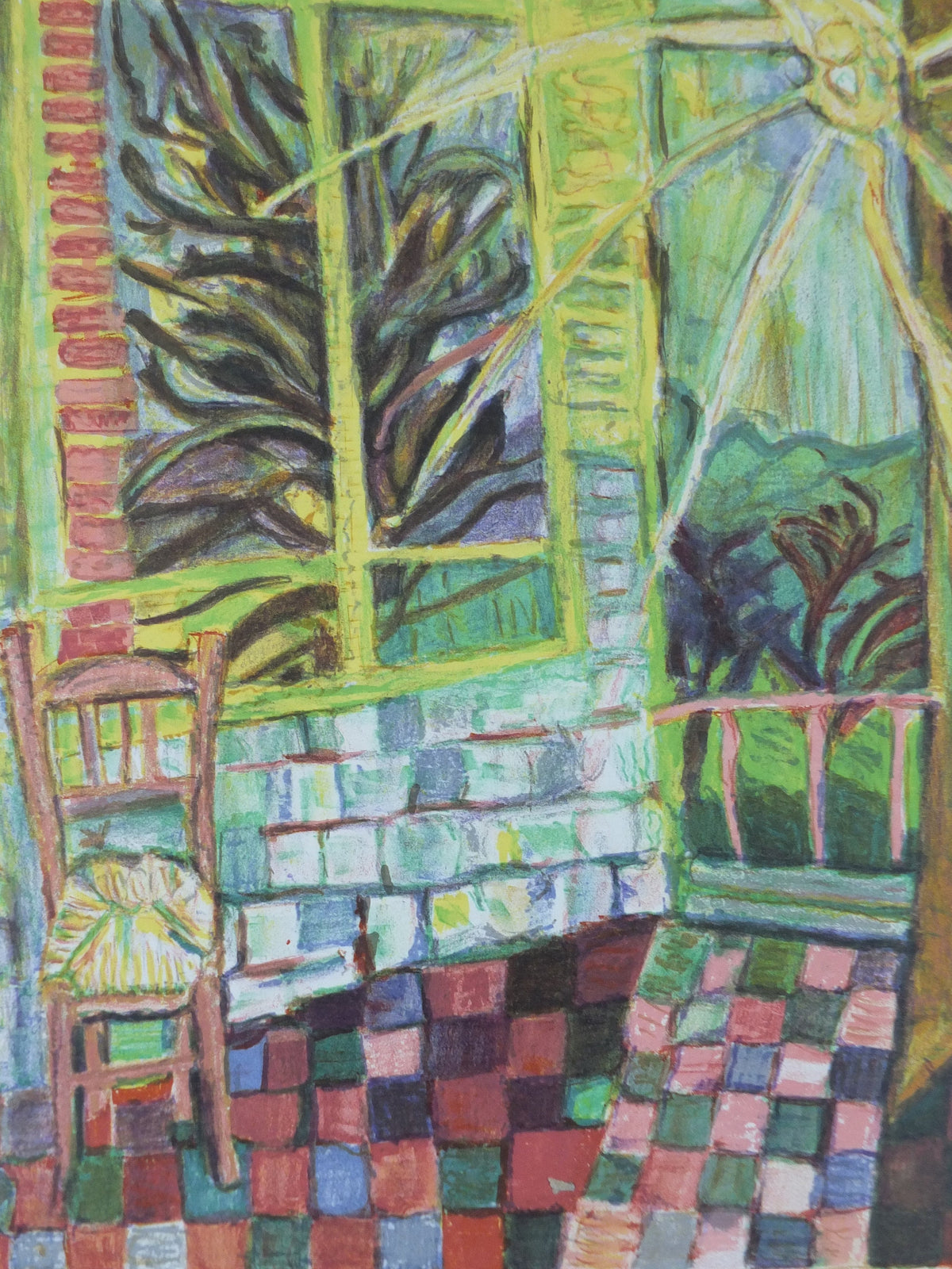 1963 Gilbert Corsia Poster, Sunny French country scene from the inside looking out, naive Impressionism, gallery exhibition, wall art decor
