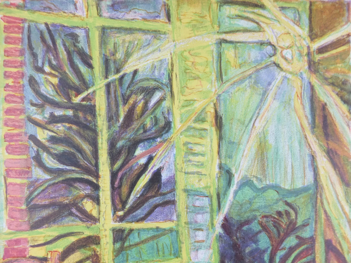 1963 Gilbert Corsia Poster, Sunny French country scene from the inside looking out, naive Impressionism, gallery exhibition, wall art decor