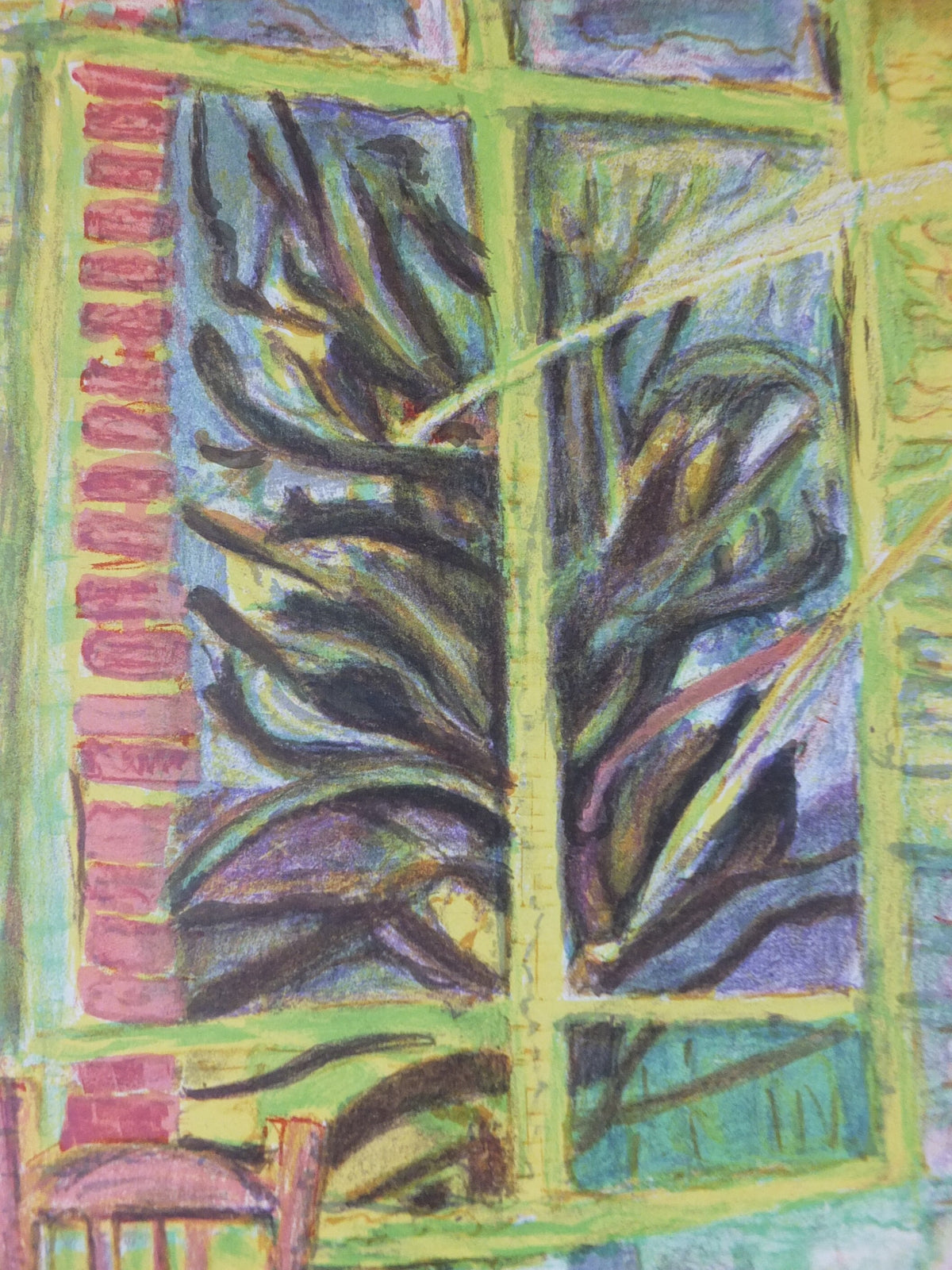 1963 Gilbert Corsia Poster, Sunny French country scene from the inside looking out, naive Impressionism, gallery exhibition, wall art decor