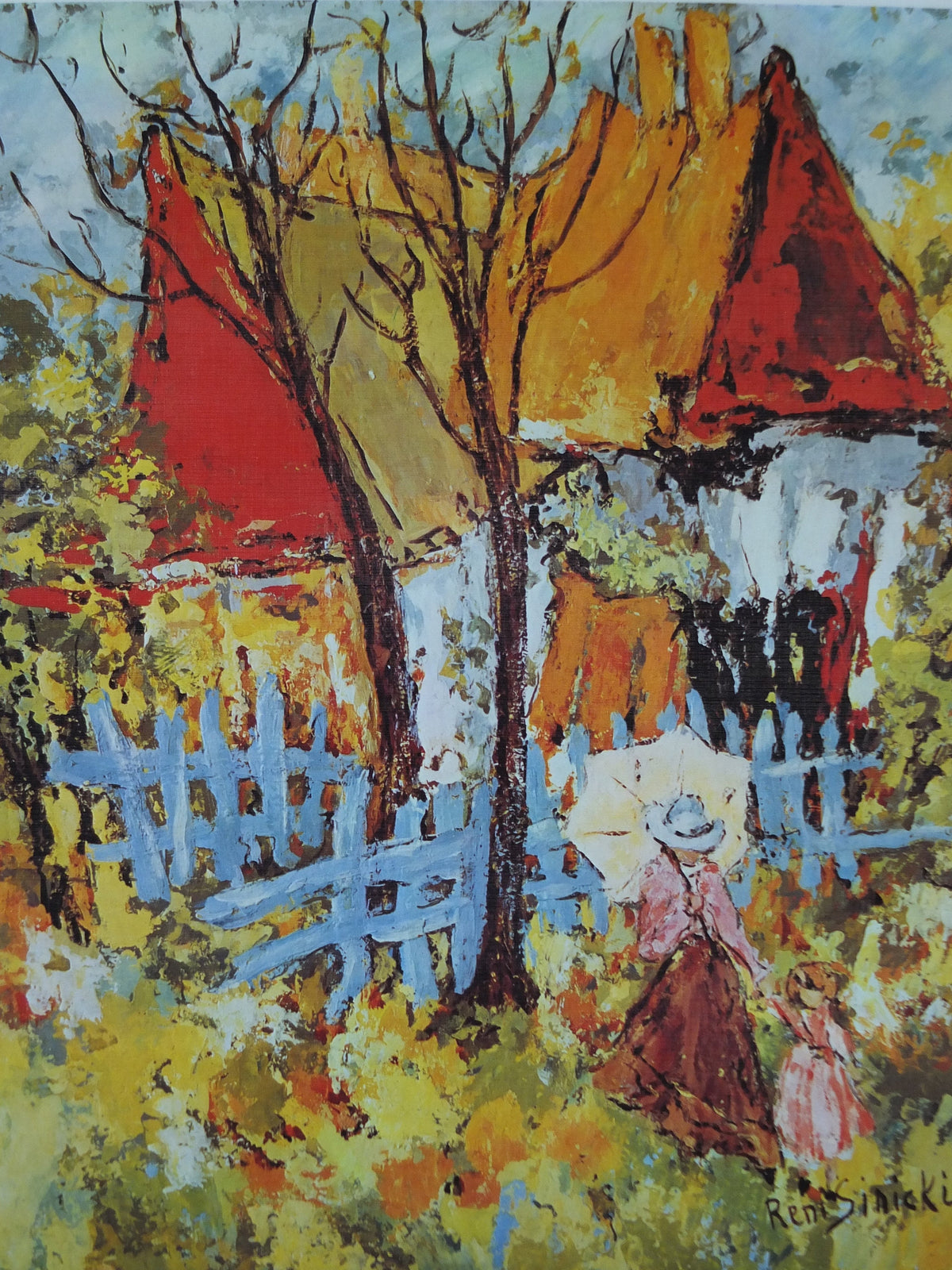 1972 Rene Sinicki Poster, A bright rural country scene of cottage from the south of France, Impressionism gallery exhibition, wall art decor