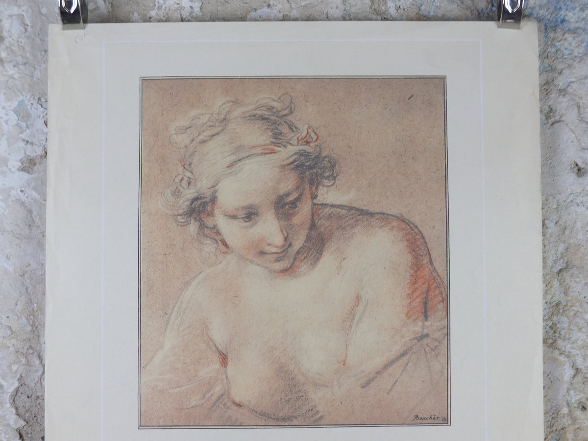 1970 François Boucher Poster, drawing of a young woman in Rococo style, Musee de Louvre, gallery exhibition wall art decor
