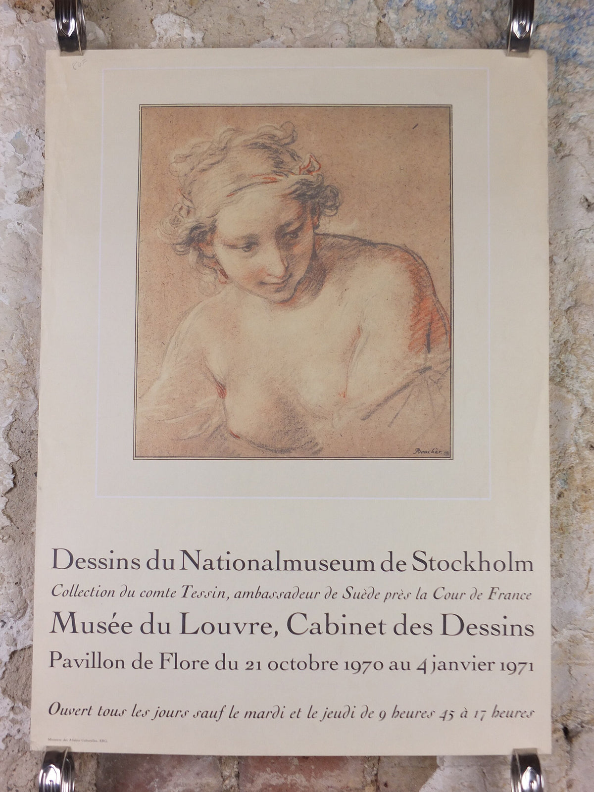 1970 François Boucher Poster, drawing of a young woman in Rococo style, Musee de Louvre, gallery exhibition wall art decor