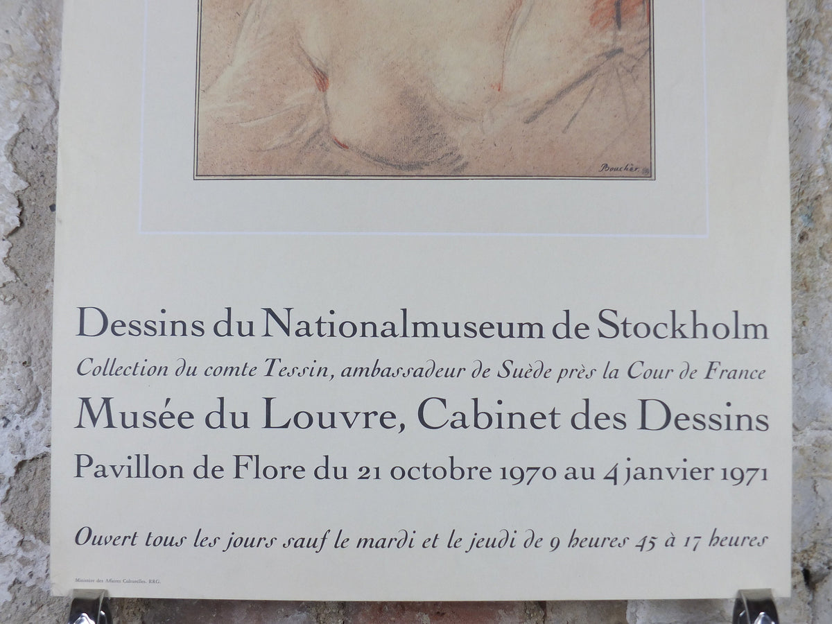 1970 François Boucher Poster, drawing of a young woman in Rococo style, Musee de Louvre, gallery exhibition wall art decor
