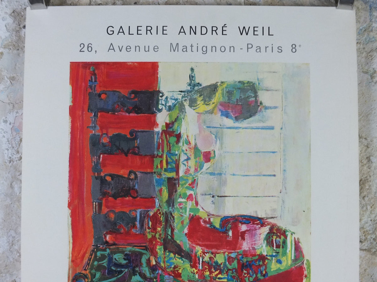 1963 Miodownick Poster, colourful abstract painting of a woman on a chair with head bowed, gallery exhibition wall art decor