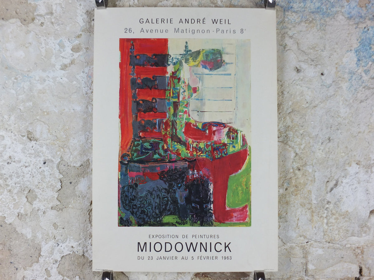 1963 Miodownick Poster, colourful abstract painting of a woman on a chair with head bowed, gallery exhibition wall art decor