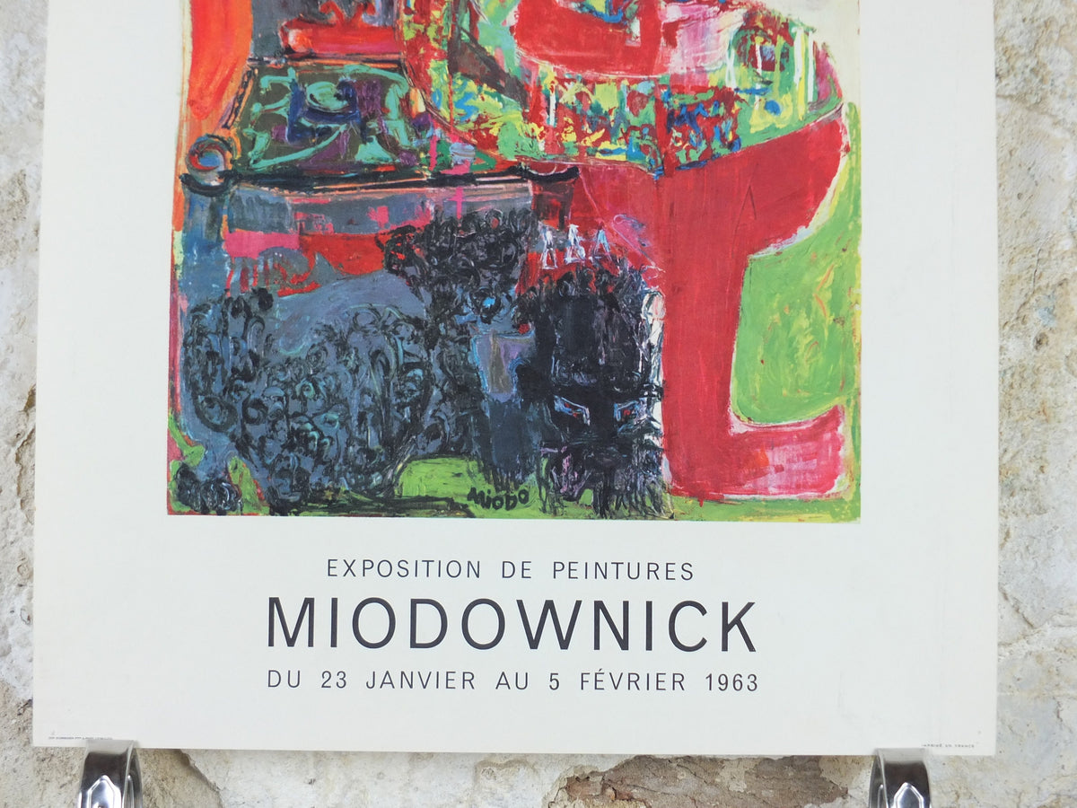 1963 Miodownick Poster, colourful abstract painting of a woman on a chair with head bowed, gallery exhibition wall art decor