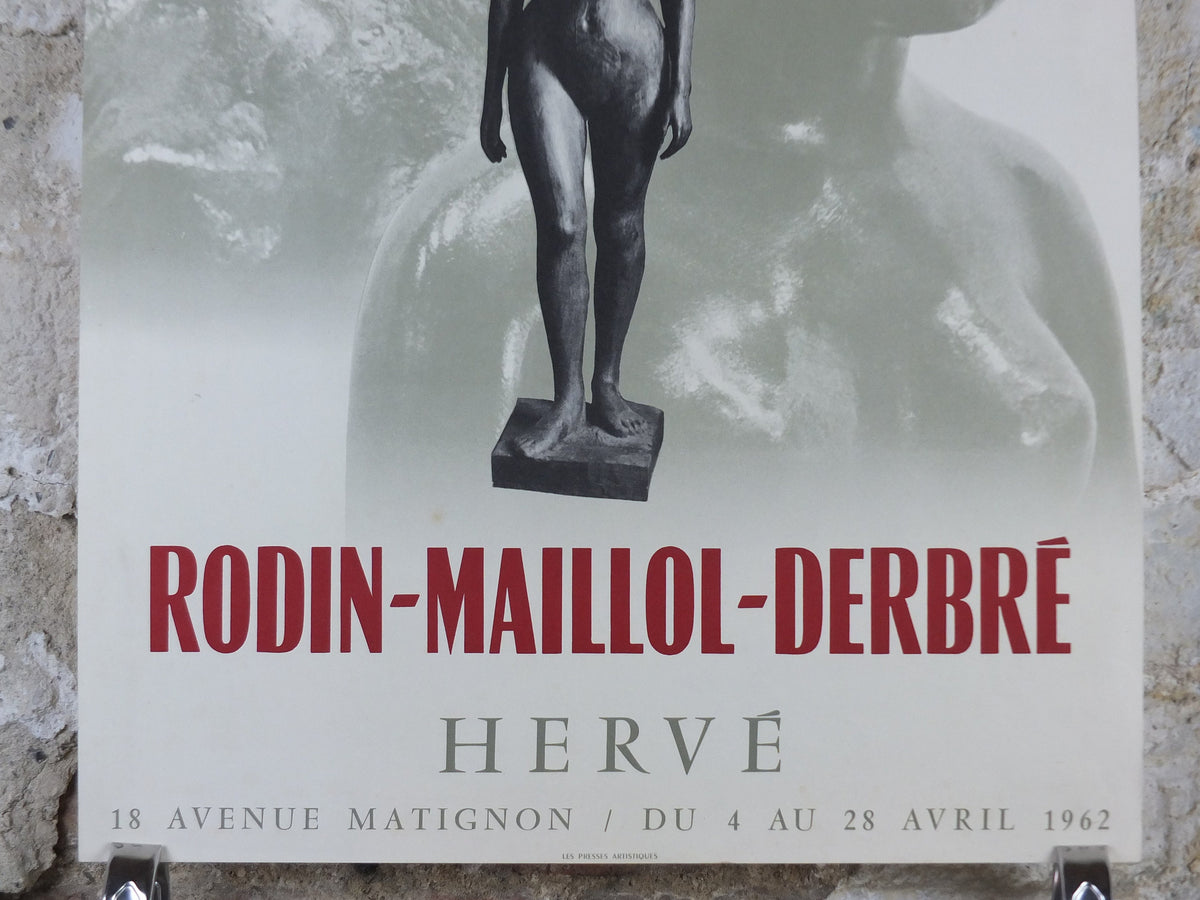 1962 Auguste Rodin Poster, female nude sculpture, Rodin Maillol Derbre, artist gallery exhibition, wall art decor