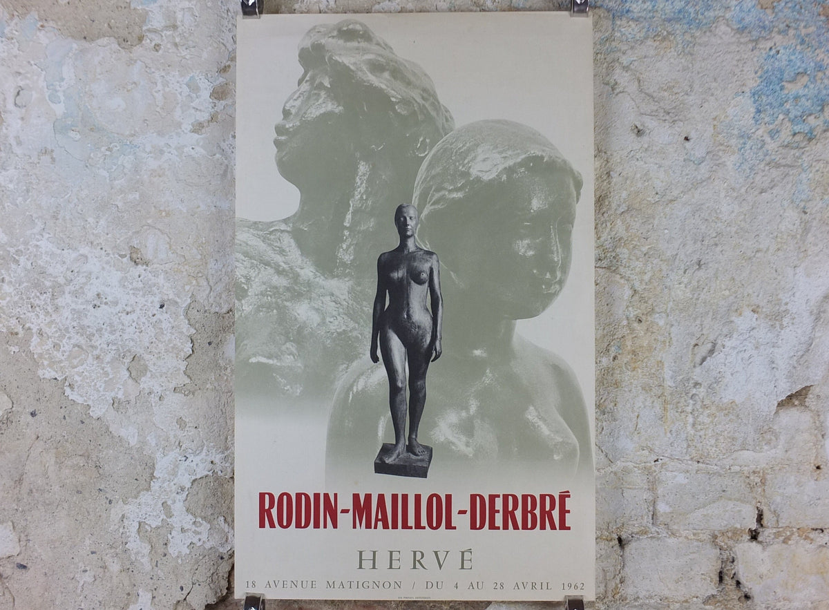 1962 Auguste Rodin Poster, female nude sculpture, Rodin Maillol Derbre, artist gallery exhibition, wall art decor
