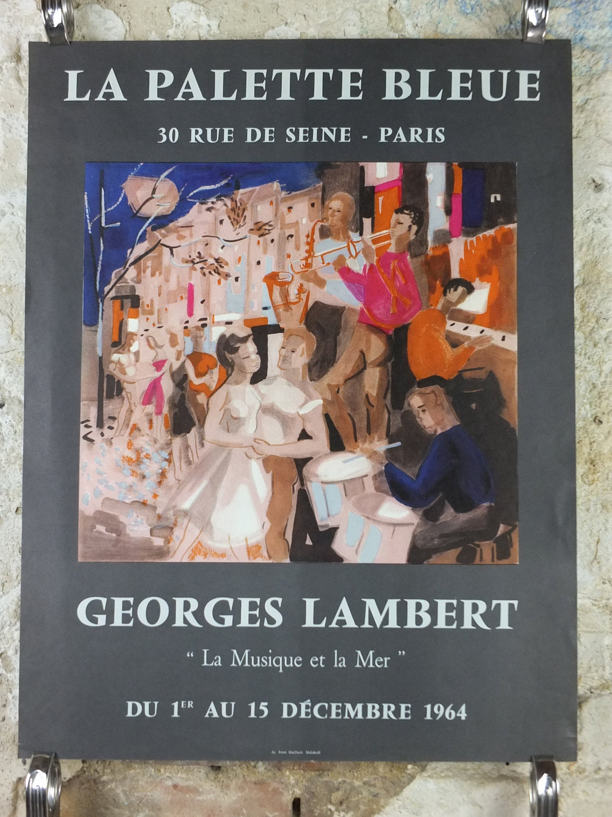 1964 Georges Lambert Poster, bright painting of musicians playing music in a French village by the sea, French Paris, wall art decor