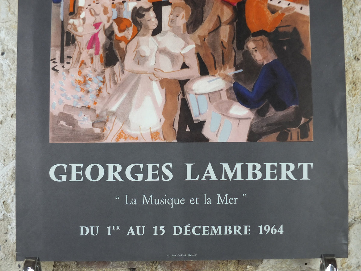 1964 Georges Lambert Poster, bright painting of musicians playing music in a French village by the sea, French Paris, wall art decor