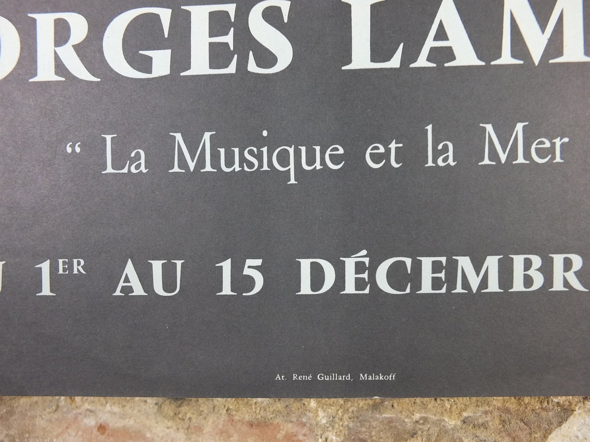 1964 Georges Lambert Poster, bright painting of musicians playing music in a French village by the sea, French Paris, wall art decor