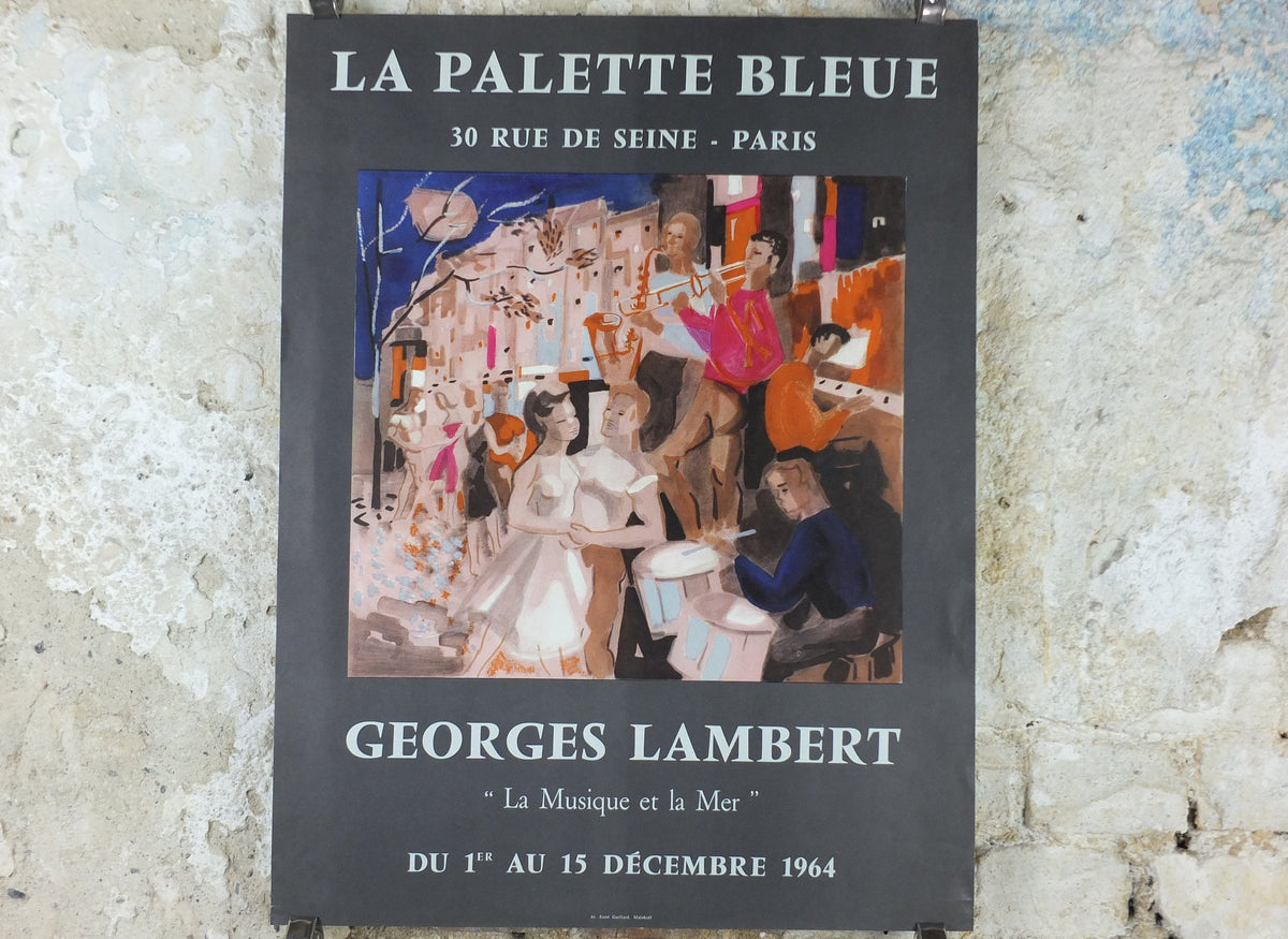 1964 Georges Lambert Poster, bright painting of musicians playing music in a French village by the sea, French Paris, wall art decor