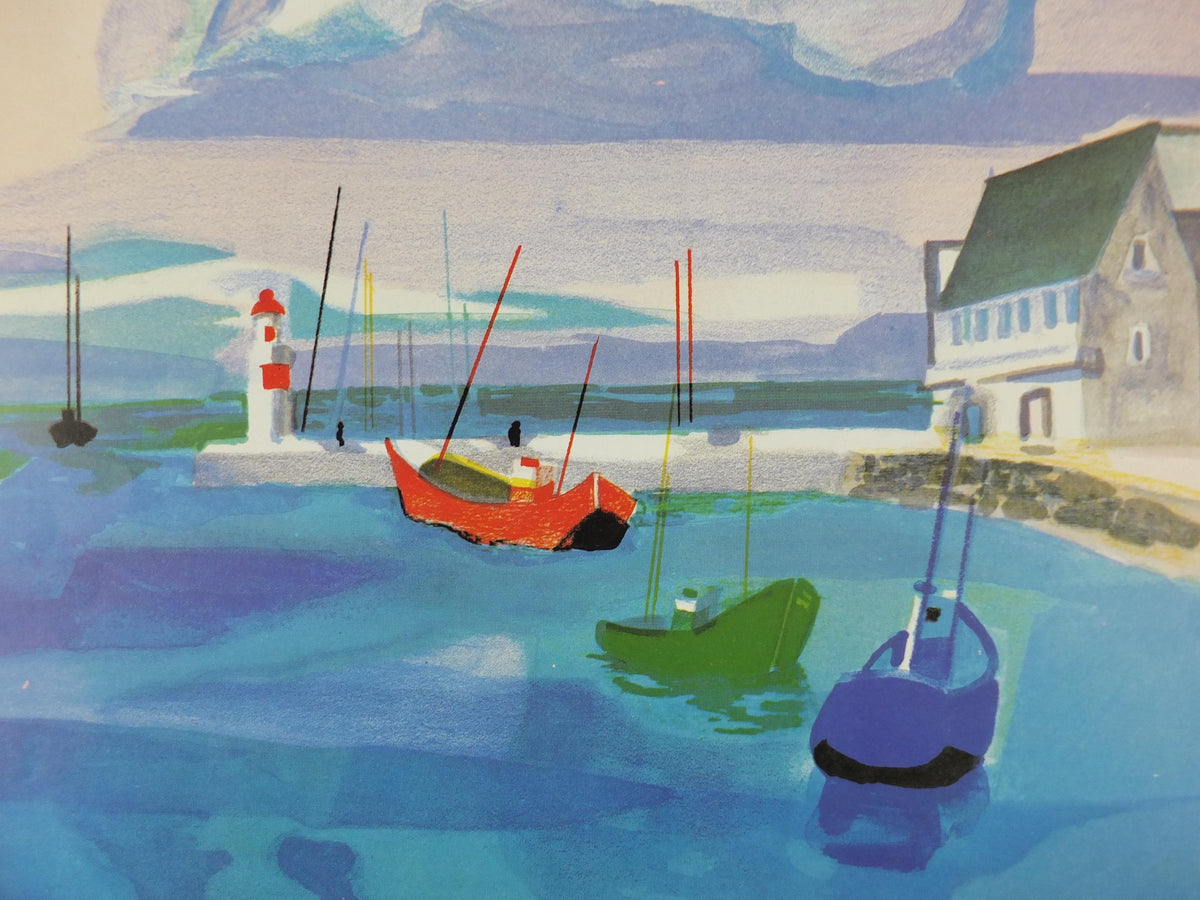 1980 Georges Lambert Poster, sailing boats in a harbour in a French village by the sea on a cloudy day, French Paris, wall art decor