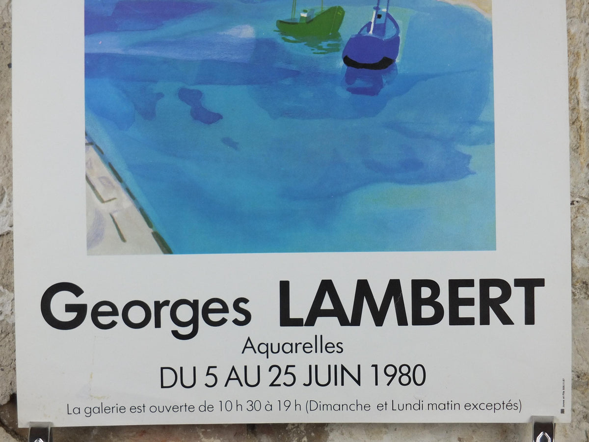 1980 Georges Lambert Poster, sailing boats in a harbour in a French village by the sea on a cloudy day, French Paris, wall art decor
