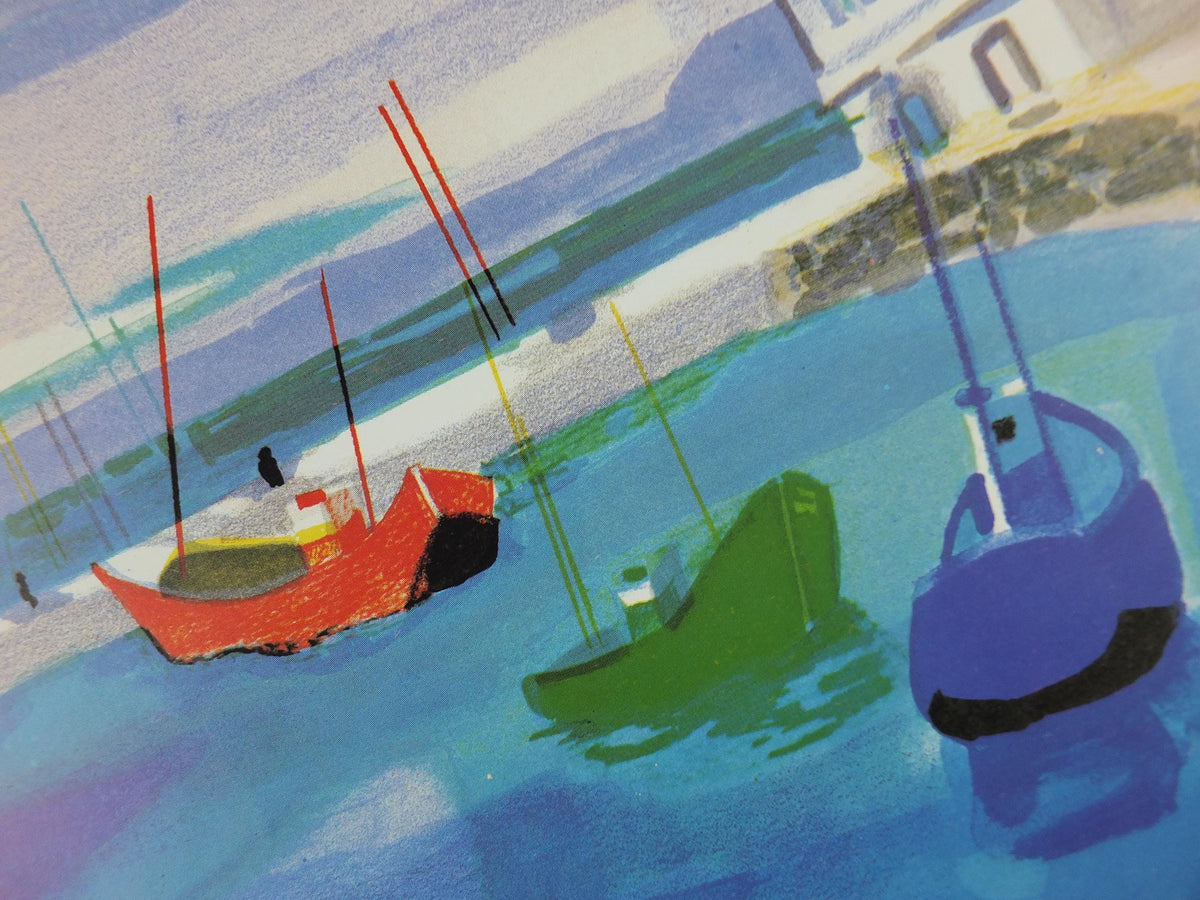 1980 Georges Lambert Poster, sailing boats in a harbour in a French village by the sea on a cloudy day, French Paris, wall art decor