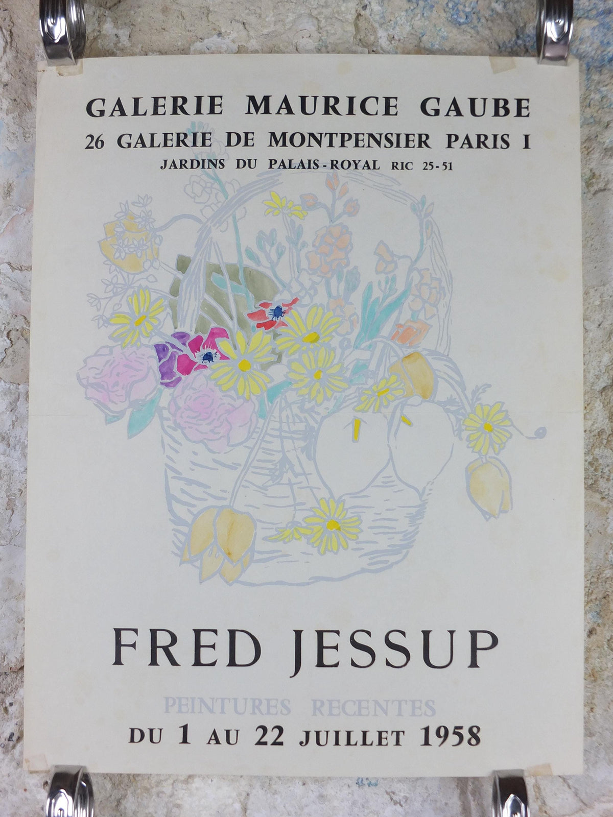 1958 Fred Jessop Poster, still life basket with flowers, light French naive art, artist gallery exhibition, wall art decor