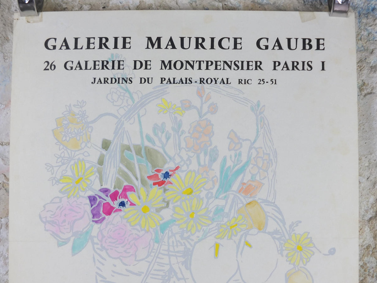 1958 Fred Jessup Poster, still life basket with flowers, light French naive art, artist gallery exhibition, wall art decor