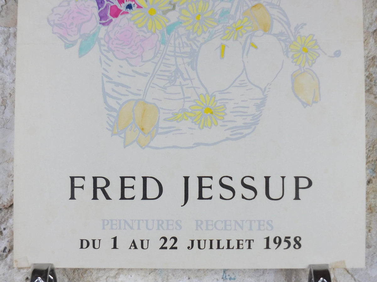 1958 Fred Jessup Poster, still life basket with flowers, light French naive art, artist gallery exhibition, wall art decor