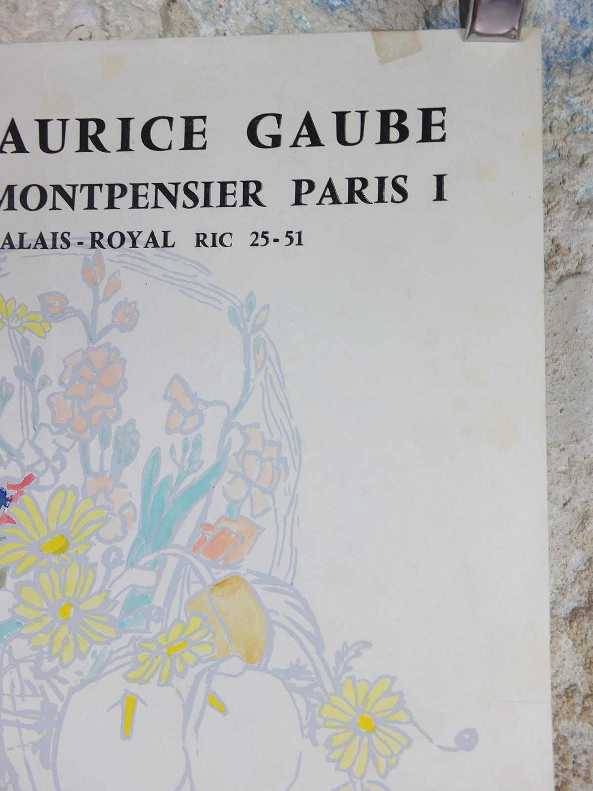 1958 Fred Jessup Poster, still life basket with flowers, light French naive art, artist gallery exhibition, wall art decor
