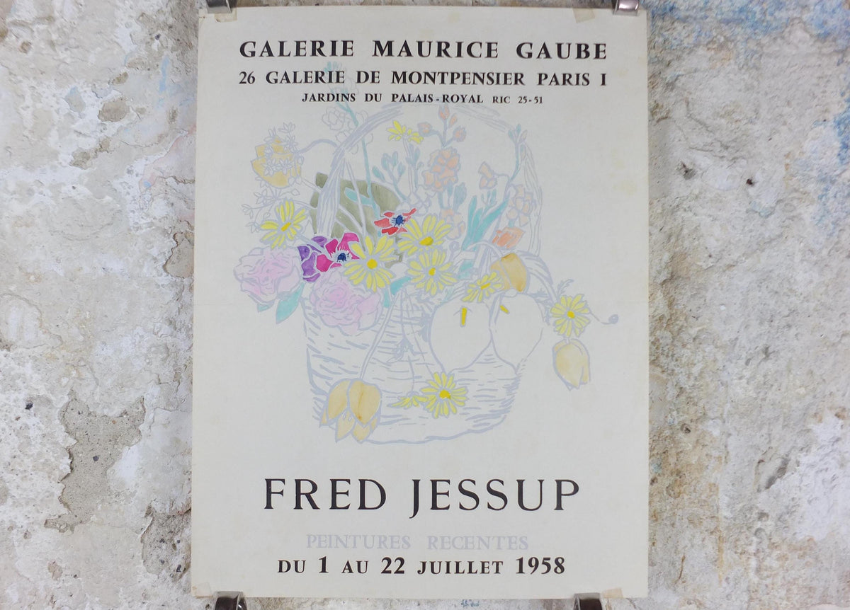 1958 Fred Jessup Poster, still life basket with flowers, light French naive art, artist gallery exhibition, wall art decor