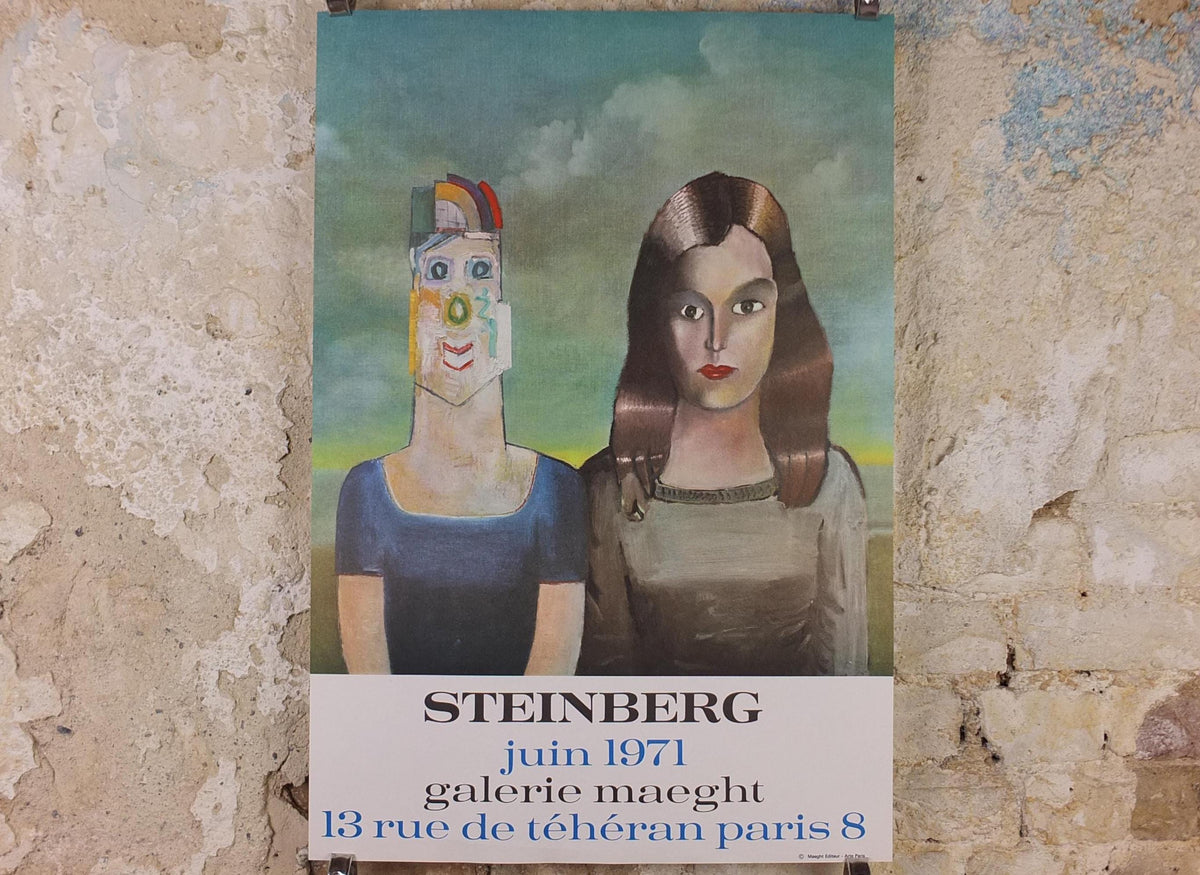 1971 Saul Steinberg Poster, The Couple 1971, American conceptual artist, Galerie Maeght Paris, gallery exhibition wall art decor
