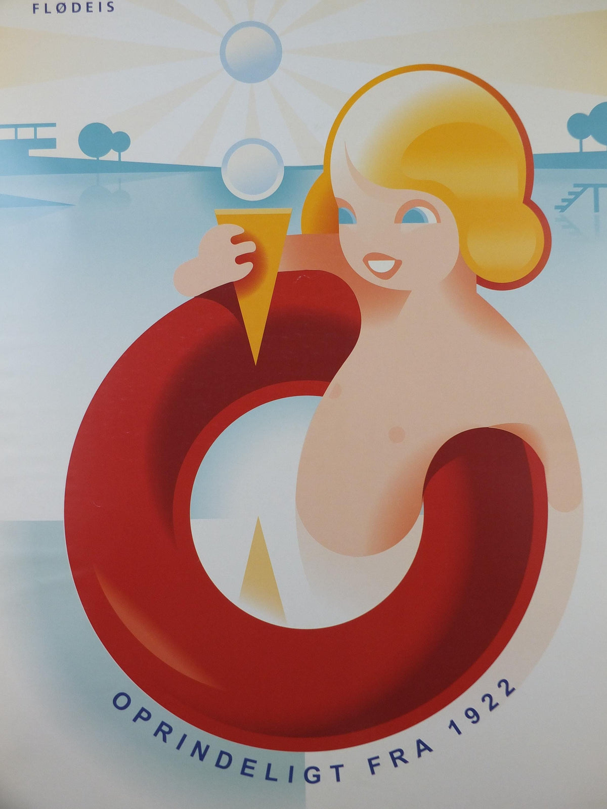 Hansens Ice Cream Poster, Hansens flødeis, girl with ice cream in a swimming ring, advertising retro wall art decor