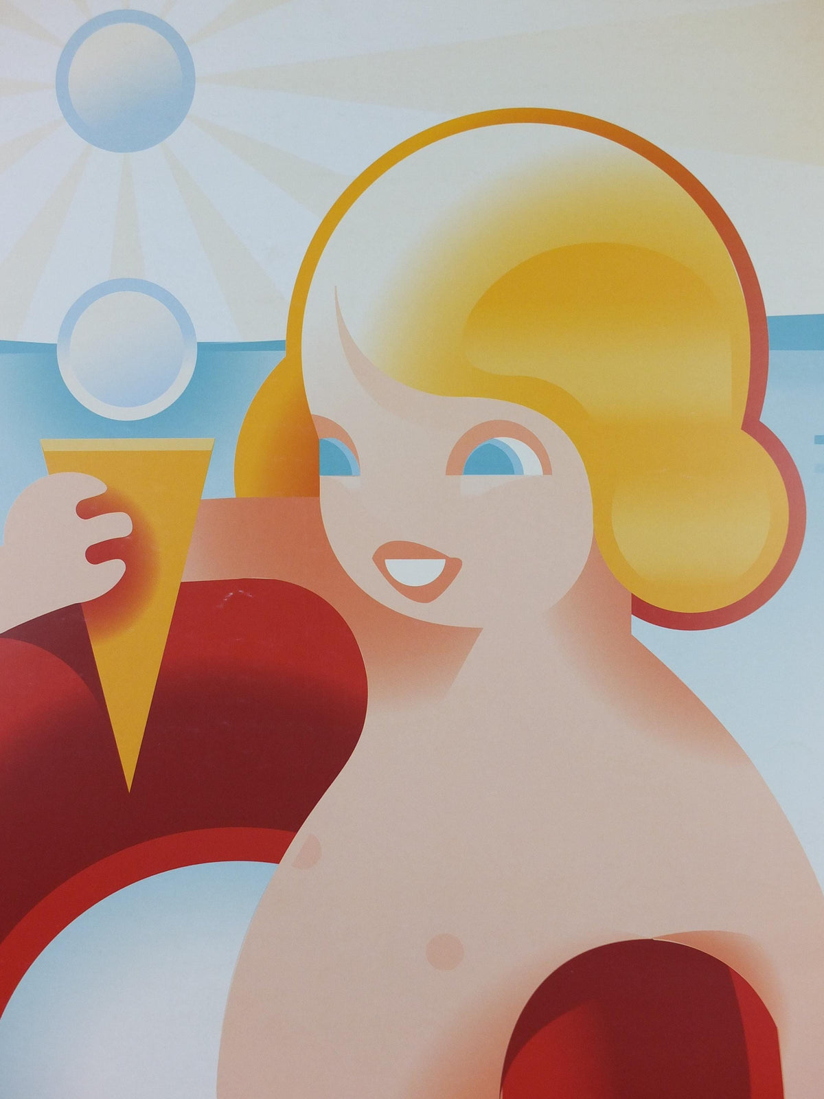 Hansens Ice Cream Poster, Hansens flødeis, girl with ice cream in a swimming ring, advertising retro wall art decor