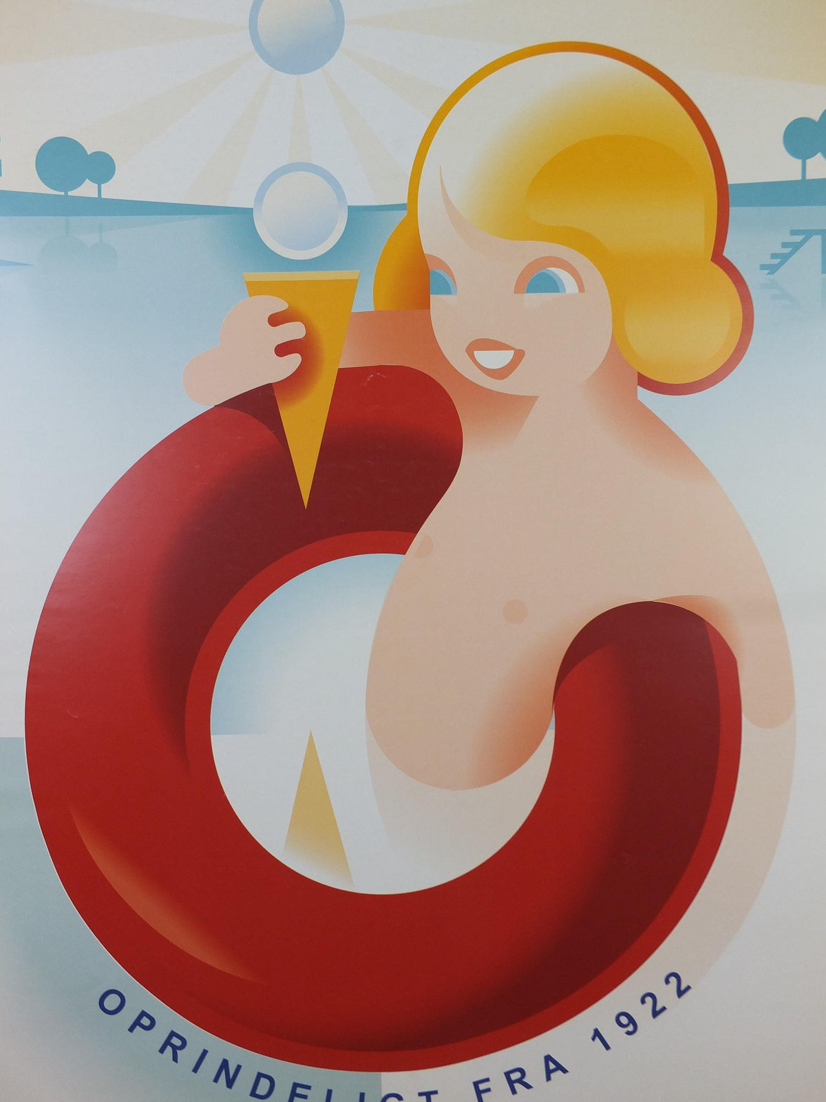 Hansens Ice Cream Poster, Hansens flødeis, girl with ice cream in a swimming ring, advertising retro wall art decor