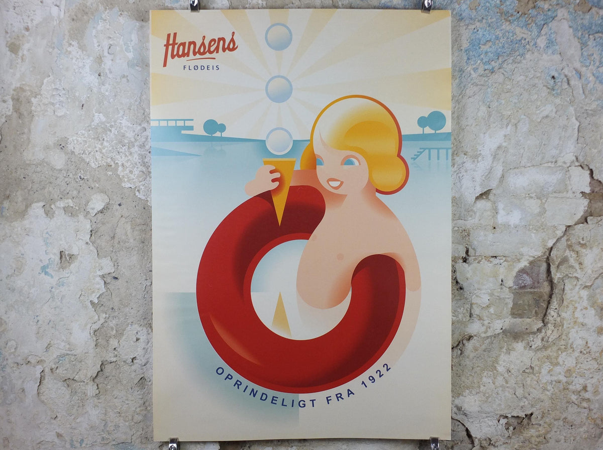 Hansens Ice Cream Poster, Hansens flødeis, girl with ice cream in a swimming ring, advertising retro wall art decor