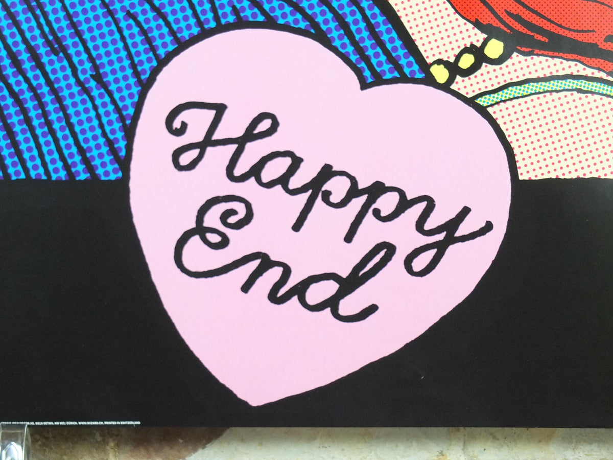 2008 Happy End Poster, pop art kiss under a full moon, by Tee Buzz, Pop Art artist gallery exhibition, wall art decor