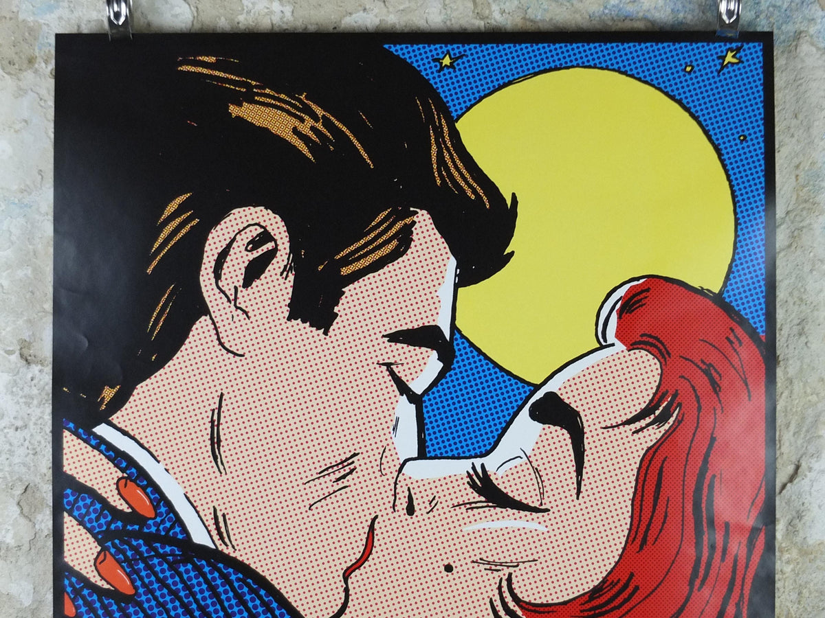 2008 Happy End Poster, pop art kiss under a full moon, by Tee Buzz, Pop Art artist gallery exhibition, wall art decor