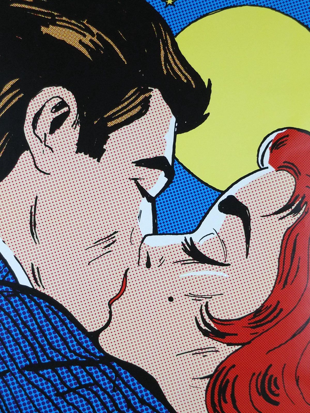 2008 Happy End Poster, pop art kiss under a full moon, by Tee Buzz, Pop Art artist gallery exhibition, wall art decor