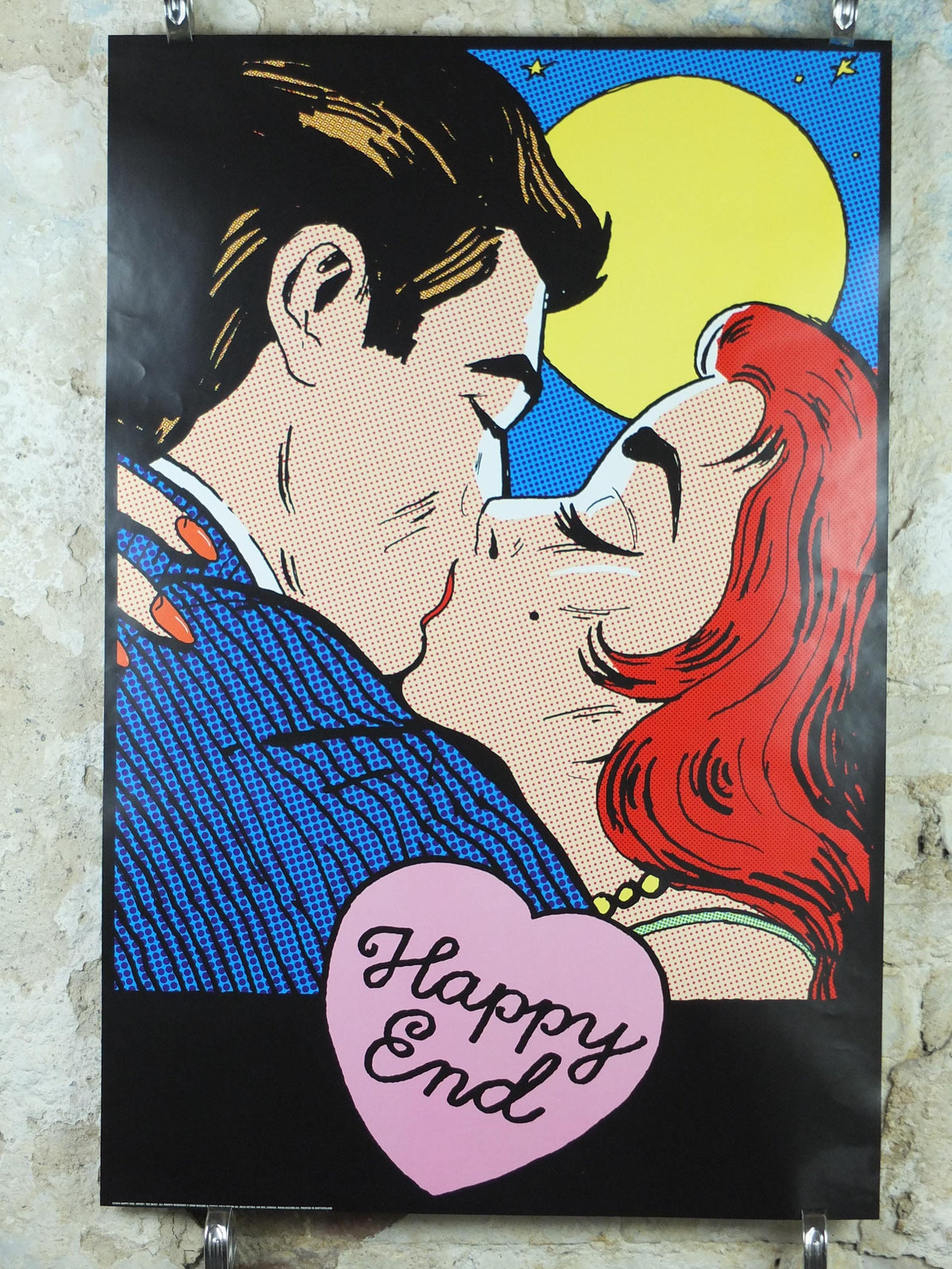 2008 Happy End Poster, pop art kiss under a full moon, by Tee Buzz, Pop Art artist gallery exhibition, wall art decor