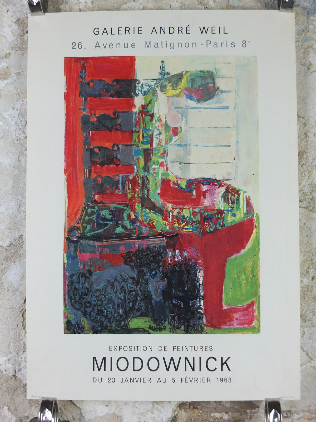 1963 Miodownick Poster, colourful abstract painting of a woman on a chair with head bowed, gallery exhibition wall art decor