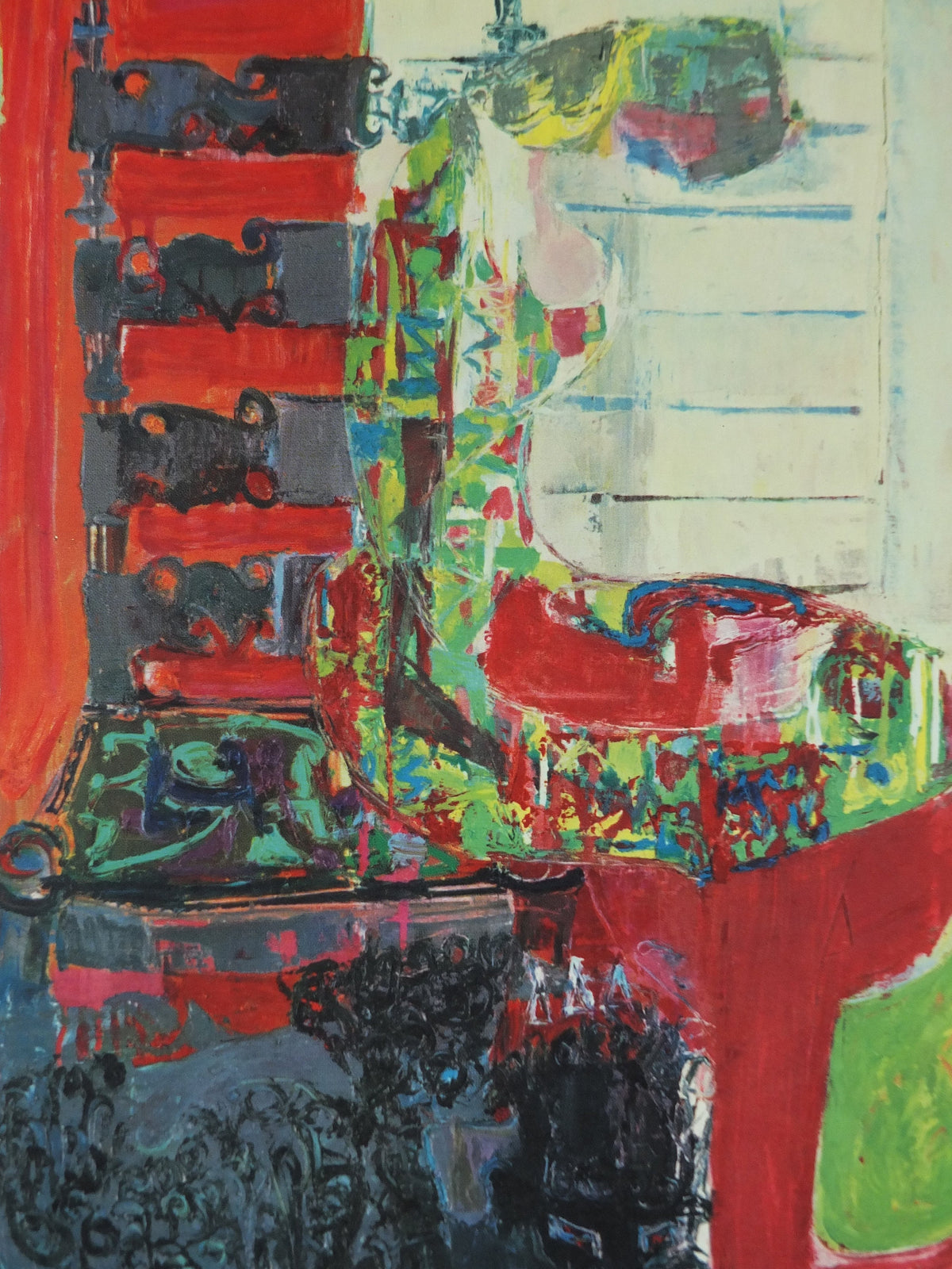 1963 Miodownick Poster, colourful abstract painting of a woman on a chair with head bowed, gallery exhibition wall art decor