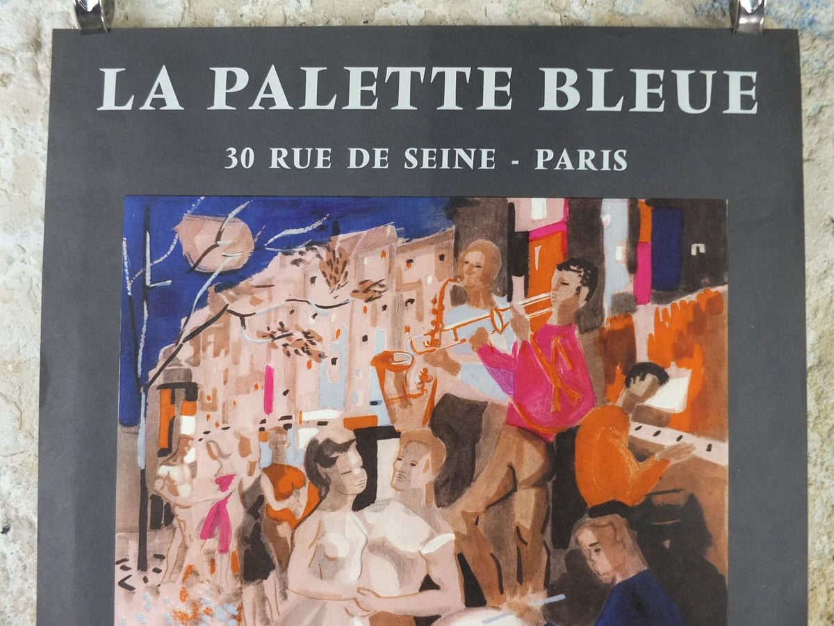 1964 Georges Lambert Poster, bright painting of musicians playing music in a French village by the sea, French Paris, wall art decor